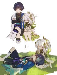 Rule 34 | 1boy, 1girl, armor, arrow (symbol), belt, black hair, blue vest, blunt ends, closed eyes, dress, genshin impact, gold, grass, green dress, hair ornament, hakama, hakama shorts, hand on another&#039;s head, hand on lap, head on another&#039;s shoulder, highres, japanese armor, japanese clothes, kote, kurokote, lap pillow, long hair, lying, nahida (genshin impact), on back, open clothes, open mouth, open vest, petting, ponytail, purple belt, purple eyes, scaramouche (genshin impact), seiza, short hair, shorts, simple background, sitting, sleeping, smile, two-tone dress, two-tone vest, vest, vision (genshin impact), wanderer (genshin impact), white background, white dress, white hair, white vest, yurayura (mdeh5447)