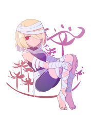 Rule 34 | 1girl, absurdres, bandages, barefoot, blonde hair, bodysuit, breasts, closed mouth, commentary, full body, hair over one eye, highres, looking at viewer, nintendo, red eyes, sheik, short hair, simple background, solo, supure647, the legend of zelda, the legend of zelda: ocarina of time, white background