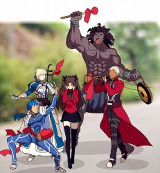 Rule 34 | 2girls, 3boys, ahoge, archer (fate), armor, armored dress, artoria pendragon (all), artoria pendragon (fate), black hair, black legwear, black skirt, blonde hair, blue bodysuit, blue hair, bodysuit, bracer, coat, commentary request, covering own ears, cu chulainn (fate), cu chulainn (fate/stay night), dark-skinned male, dark skin, dress, drum, erhu, faceless, fate/stay night, fate (series), gauntlets, hair bun, hair ribbon, heracles (fate), instrument, long hair, long sleeves, meme, multiple boys, multiple girls, music, pauldrons, playing instrument, ponytail, red coat, ribbon, saber (fate), scathach (fate), short hair, shoulder armor, single hair bun, skirt, suona, thighhighs, tohsaka rin, trench coat, trumpet boy (meme), twintails, two side up, white hair, yaoshi jun, zettai ryouiki