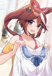 Rule 34 | 1girl, akitsuki (oenothera), blouse, blue eyes, blush, bow, brown hair, commentary request, hair between eyes, hair bow, highres, holding, holding clothes, holding shirt, horse girl, long hair, looking at viewer, multicolored hair, off-shoulder shirt, off shoulder, open mouth, orange shirt, pink bow, pink tank top, ponytail, shirt, unworn shirt, solo, streaked hair, tank top, tokai teio (umamusume), umamusume, upper body, white hair, white shirt