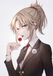 Rule 34 | 1girl, absurdres, bambi-25, blonde hair, braid, breasts, candy, collared shirt, eyes visible through hair, fate/apocrypha, fate/grand order, fate (series), flower, food, formal, french braid, green eyes, hair ornament, hair scrunchie, heroic spirit formal dress, highres, holding, holding candy, holding food, holding lollipop, jacket, lollipop, long hair, long sleeves, looking at viewer, mordred (fate), mordred (fate/apocrypha), mordred (formal dress) (fate), necktie, open mouth, ponytail, red scrunchie, rose, saliva, saliva trail, scrunchie, shirt, small breasts, solo, suit, tongue, tongue out, translation request, white background, white flower, white rose, white shirt