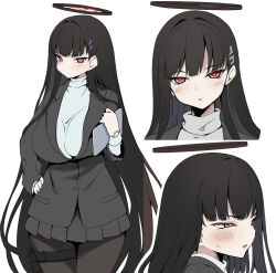 Rule 34 | 1girl, amakara surume, black hair, black jacket, black pantyhose, black skirt, blue archive, blush, bright pupils, hair ornament, hairclip, halo, hand on own hip, highres, holding, holding tablet pc, jacket, long hair, multiple views, pantyhose, pleated skirt, red eyes, rio (blue archive), skirt, sweatdrop, sweater, tablet pc, turtleneck, turtleneck sweater, very long hair, watch, white pupils, white sweater, wristwatch