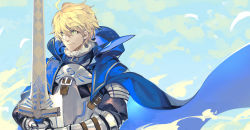 Rule 34 | 1boy, armor, arthur pendragon (fate), blonde hair, cape, excalibur (fate/stay night), fate/prototype, fate (series), gauntlets, green eyes, male focus, saberiii, smile, solo, sword, weapon