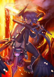 Rule 34 | 1girl, angry, aro (charged time out), bad id, bad pixiv id, blue hair, breasts, broken horn, cameltoe, clenched teeth, fire, flaming sword, flaming weapon, horns, legs, light trail, long hair, medium breasts, lava, no bra, original, panties, sideboob, sitting, solo, sword, teeth, thighhighs, underwear, weapon, wings, yellow eyes