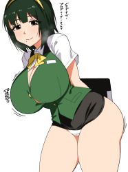 Rule 34 | 1girl, absurdres, arms behind back, black skirt, bow, breasts, brown eyes, buttons, closed mouth, collared shirt, cowboy shot, dark green hair, female focus, green vest, hairband, highres, idolmaster, idolmaster (classic), kumako (kumakonoh), large breasts, looking at viewer, microskirt, mole, mole under mouth, motion lines, otonashi kotori, panties, shirt, short hair, short sleeves, simple background, skirt, smile, solo, underwear, vest, white background, white panties, white shirt, yellow bow, yellow hairband