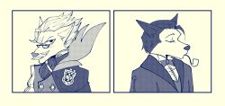Rule 34 | 2boys, bowtie, cloak, closed eyes, fate/grand order, fate (series), furry, glasses, james moriarty (archer) (fate), monochrome, multiple boys, mustache, smoking pipe, sherlock holmes (fate), short hair, vest