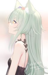 Rule 34 | 1girl, animal ear fluff, animal ears, bare shoulders, black dress, blue flower, breasts, commentary request, dated, dress, flower, from side, green hair, hair between eyes, hair flower, hair ornament, highres, long hair, ookamisama, original, profile, red flower, short eyebrows, sleeveless, sleeveless dress, small breasts, solo, thick eyebrows, wolf ears, yellow eyes
