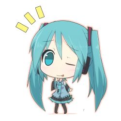 Rule 34 | 1girl, :p, aqua eyes, aqua hair, chibi, detached sleeves, hatsune miku, headphones, ladfa, long hair, necktie, one eye closed, simple background, skirt, solo, thighhighs, tongue, tongue out, twintails, very long hair, vocaloid, white background, wink