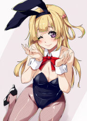 Rule 34 | 1girl, 22/7, animal ears, blonde hair, bow, bowtie, breasts, cleavage, closed mouth, fake animal ears, fishnet pantyhose, fishnets, fujima sakura, hands up, high heels, highres, kisairo kaede, leotard, long hair, looking at viewer, one eye closed, pantyhose, playboy bunny, purple eyes, rabbit ears, red bow, red bowtie, sidelocks, single hair ring, smile, solo, strapless, strapless leotard