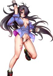 Rule 34 | 1girl, arm up, as109, bandaged hand, bandaged leg, bandages, bandaid, bandaid on face, bandaid on nose, black hair, blush, breasts, brown eyes, covered erect nipples, cuffs, game cg, hair ornament, hair over one eye, hairclip, long hair, m.a.d mafia is all dead, medium breasts, navel, no pants, panties, shackles, shoes, sneakers, solo, standing, standing on one leg, string panties, tattoo, transparent background, underwear, very long hair, white panties