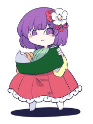 Rule 34 | 1girl, blush stickers, chahan (fried rice0614), closed mouth, flower, frilled skirt, frills, full body, green kimono, hair flower, hair ornament, hieda no akyuu, highres, holding, holding scroll, japanese clothes, kimono, long sleeves, one-hour drawing challenge, pleated skirt, purple eyes, purple hair, red skirt, scroll, short hair, simple background, skirt, smile, solo, touhou, white background, white flower, wide sleeves