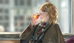 Rule 34 | 1girl, blonde hair, blue eyes, blurry, blurry background, capelet, collared shirt, cup, drinking, hair ornament, highres, holding, holding cup, hololive, hololive english, looking up, meme, necktie, quasarcake, red necktie, shirt, shirt tucked in, short hair, short necktie, solo, stethoscope, virtual youtuber, watson amelia, watson amelia (1st costume), white shirt