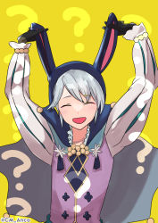 Rule 34 | 1boy, ?, animal ears, arms up, closed eyes, cm anco, fake animal ears, fire emblem, fire emblem awakening, fire emblem heroes, gloves, henry (fire emblem), highres, long sleeves, nintendo, official alternate costume, open mouth, rabbit ears, short hair, silver hair, solo, twitter username, upper body, yellow background