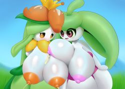 Rule 34 | 2girls, arm around shoulder, blue background, blue sky, breasts, creatures (company), crown, day, dibujosv12, eyes visible through hair, female focus, game freak, gen 5 pokemon, gen 7 pokemon, grass, green hair, highres, huge breasts, lactation, lilligant, long hair, looking down, multiple girls, nintendo, nipples, no humans, open mouth, orange eyes, outdoors, pink eyes, pokemon, pokemon (creature), pokemon bw, pokemon sm, shiny skin, simple background, sky, smile, standing, steenee, teeth