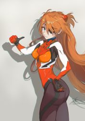 Rule 34 | 1girl, ass, blue eyes, breasts, eyepatch, fadingz, grey background, hair over one eye, hand on own hip, highres, interface headset, long hair, looking at viewer, medium breasts, neon genesis evangelion, orange hair, pixiv id, plugsuit, rebuild of evangelion, shadow, signature, skin tight, solo, souryuu asuka langley, thumbs up, very long hair, wide hips