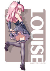 Rule 34 | 1girl, character name, detached sleeves, dress, frilled thighhighs, frills, geister, grey background, legs, long hair, louise francoise le blanc de la valliere, pink eyes, pink hair, ponytail, rounded corners, solo, thighhighs, wand, zero no tsukaima, zettai ryouiki