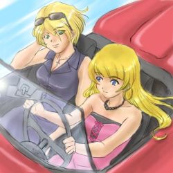 Rule 34 | 00s, 2girls, arm rest, bare shoulders, blonde hair, blue eyes, car, car interior, casual, cockpit, dress, driving, earrings, eyewear on head, female focus, green eyes, hoop earrings, hutoshi akira, jewelry, left-hand drive, long hair, looking at another, lowres, maria tachibana, motor vehicle, multiple girls, necklace, pink dress, ratchet altair, sakura taisen, sakura taisen movie, sakura taisen v, short hair, sitting, sleeveless, smile, strapless, strapless dress, sunglasses, vehicle, wind, wind lift