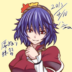 Rule 34 | 10s, 1girl, 2015, blue hair, dated, h-new, looking at viewer, red eyes, short hair, smile, solo, touhou, translation request, upper body, yasaka kanako, yellow background