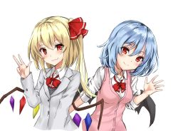 Rule 34 | 2girls, :3, alternate costume, amagi (amagi626), bat wings, blazer, blonde hair, blue hair, blush, bow, bowtie, breasts, cardigan vest, commentary request, contemporary, crystal, flandre scarlet, grey jacket, grey vest, hair between eyes, hair ribbon, hand up, head tilt, jacket, long hair, long sleeves, looking at viewer, medium breasts, multiple girls, no headwear, one side up, pink vest, red bow, red eyes, red neckwear, red ribbon, remilia scarlet, ribbon, school uniform, shirt, short hair, siblings, simple background, sisters, smile, sweater vest, touhou, upper body, v, vest, white background, white shirt, wing collar, wings