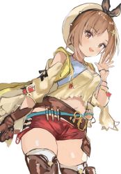 Rule 34 | 1girl, artist request, atelier (series), atelier ryza, atelier ryza 1, belt, blush, brown eyes, brown hair, hair ornament, hairclip, hat, highres, jewelry, looking at viewer, necklace, open mouth, red shorts, reisalin stout, short shorts, shorts, simple background, skindentation, smile, solo, teeth, thighhighs, thighs, upper teeth only, white background