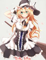 Rule 34 | 1girl, apron, blouse, blush, bow, braid, breasts, broom, cleavage, contrapposto, detached collar, dress, fingerless gloves, gloves, green eyes, hand on headwear, hat, hat bow, head tilt, highres, kirisame marisa, long hair, looking at viewer, medium breasts, shirt, side braid, single braid, smile, solo, standing, strapless, strapless dress, touhou, underbust, very long hair, waist apron, wavy hair, white gloves, witch hat, yuki (snowmaiden)