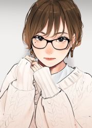 Rule 34 | 1girl, black-framed eyewear, brown eyes, brown hair, closed mouth, earrings, glasses, hands up, highres, jewelry, lips, lipstick, long sleeves, looking at viewer, makeup, mole, mole on cheek, mole under eye, original, saitou (lynx-shrike), short hair, solo, sweater, white sweater