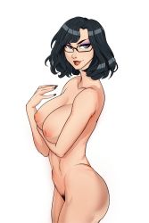Rule 34 | 1girl, absurdres, alternate hair length, alternate hairstyle, bayonetta, bayonetta (series), bayonetta 2, black-framed eyewear, black hair, black nails, blue eyes, breasts, cleavage, collarbone, commentary, cowboy shot, curvy, english commentary, eyebrows, female pubic hair, glasses, highres, inverted nipples, large breasts, lips, lipstick, makeup, medium hair, mole, mole under mouth, nail polish, navel, nipples, nude, pubic hair, solo, standing, superboin, swept bangs, thighs, toned, white background