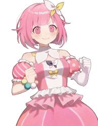 Rule 34 | 1girl, bare shoulders, blush, bracelet, breasts, closed mouth, commentary, dress, elbow gloves, frills, gloves, hair ribbon, haru (ririne9999rine), highres, jewelry, looking to the side, medium breasts, multicolored ribbon, off-shoulder dress, off shoulder, ootori emu, pink dress, pink eyes, pink hair, polka dot, project sekai, puffy short sleeves, puffy sleeves, ribbon, short hair, short sleeves, simple background, single glove, smile, solo, standing, striped clothes, striped dress, v-shaped eyebrows, white background, white gloves, white ribbon, yellow ribbon