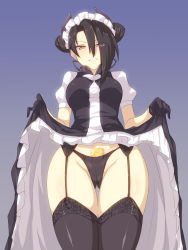 Rule 34 | 1girl, agent (girls&#039; frontline), asymmetrical hair, black dress, black gloves, black hair, black panties, black thighhighs, breasts, brown eyes, cameltoe, clothes lift, condom, condom in clothes, condom wrapper, double bun, dress, dress lift, eyes visible through hair, frilled dress, frills, from below, garter belt, girls&#039; frontline, gloves, gluteal fold, hair bun, highres, lifting own clothes, maid, maid headdress, medium breasts, panties, puffy short sleeves, puffy sleeves, sangue llia, sangvis ferri, short hair, short sleeves, solo, standing, thighhighs, underwear