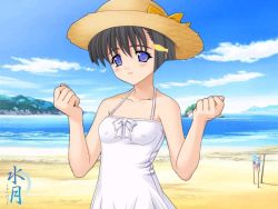 Rule 34 | 00s, 1girl, bare shoulders, beach, black hair, blue eyes, blush, breasts, clenched hand, clenched hands, cloud, day, dress, covered erect nipples, fish, flat chest, forearms at chest, game cg, hair ornament, hairclip, hat, isawa tae, lamune, outdoors, short hair, sky, small breasts, smile, solo, straw hat, suigetsu, third-party edit, water