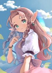 1girl :d artist_name blue_sky bracelet braid brown_hair cloud collared_dress commentary_request cyan_(sasukeone3) dress earrings elf four-leaf_clover_earrings glint green_eyes hand_up highres jewelry long_hair looking_at_viewer open_mouth original pink_dress pointy_ears puffy_short_sleeves puffy_sleeves short_sleeves side_braids sky smile solo twin_braids