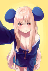 Rule 34 | 1girl, absurdres, animal ears, blonde hair, blue sweater, blush, breasts, cleavage, closed mouth, collarbone, commentary request, cowboy shot, fake animal ears, highres, hukahito, large breasts, leaning forward, long hair, long sleeves, looking at viewer, mouse ears, no pants, off shoulder, original, pink ribbon, red eyes, ribbon, selfie, sidelocks, simple background, single bare shoulder, smile, solo, sweater, very long hair, yellow background