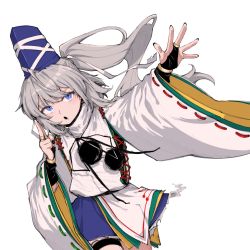 Rule 34 | 1girl, :o, ast.rockett, blue eyes, blue skirt, bridal gauntlets, casting spell, grey hair, hair ribbon, hat, highres, japanese clothes, kariginu, layered clothes, layered sleeves, looking to the side, mononobe no futo, pom pom (clothes), ponytail, ribbon, ribbon-trimmed sleeves, ribbon trim, short hair, simple background, skirt, smoke, tate eboshi, thick eyebrows, touhou, very short hair, white background, wide sleeves