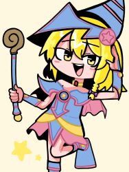 Rule 34 | 1boy, blonde hair, blue dress, blue footwear, blue hat, blush stickers, choker, cookie (touhou), cosplay, crossdressing, dark magician girl, dark magician girl (cosplay), dress, foot out of frame, genderswap, genderswap (ftm), hair between eyes, hand up, hat, highres, holding, holding wand, kirisame marisa, long hair, looking at viewer, male focus, open mouth, pink skirt, rei (cookie), simple background, skirt, smile, solo, standing, standing on one leg, star (symbol), sznkrs, touhou, translation request, trap, wand, wizard hat, yellow background, yellow eyes, yu-gi-oh!