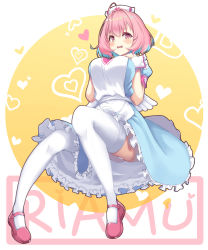 Rule 34 | 1girl, ahoge, angel wings, apron, bad id, bad pixiv id, blue dress, blush, breast suppress, breasts, character name, circle, dot nose, dress, fake wings, frilled skirt, frills, from below, full body, hair between eyes, hair intakes, hat, heart, highres, idolmaster, idolmaster cinderella girls, large breasts, long dress, looking at viewer, low wings, mary janes, multicolored hair, nervous, nurse cap, open mouth, panties, pantyshot, pigeon-toed, pink eyes, pink footwear, pink hair, puffy short sleeves, puffy sleeves, sango 30, shoes, short hair, short sleeves, sitting, skirt, solo, tareme, thighhighs, two-tone hair, underskirt, underwear, white apron, white background, white panties, white thighhighs, wings, wrist cuffs, yumemi riamu