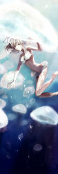 Rule 34 | 1girl, armpits, bad id, bad pixiv id, bare shoulders, barefoot, bikini, blue theme, blurry, breasts, brown eyes, brown hair, bubble, cleavage, depth of field, freediving, gou (tomero), grey hair, highres, jellyfish, navel, original, short hair, solo, sunlight, swimming, swimsuit, tomero, underwater, water