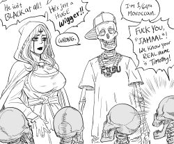 Rule 34 | 1girl, 5others, baseball cap, bb (baalbuddy), breasts, cleavage, closed mouth, commentary, english commentary, english text, facial mark, forehead mark, greyscale, hat, highres, hip hop, hood, hood up, jewelry, jitome, large breasts, lipstick, makeup, monochrome, multiple others, necklace, necromancer, necromancer (bb (baalbuddy)), original, profanity, shirt, short sleeves, sideways hat, simple background, skeleton, sweatdrop, undead, white background