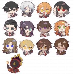 Rule 34 | 1other, 6+boys, 6+girls, black eyes, black hair, blonde hair, bow, brown eyes, brown hair, chibi, clock, dante (limbus company), don quixote (project moon), faust (project moon), glasses, gregor (project moon), hair bow, hair slicked back, heathcliff (project moon), highres, hong lu (project moon), ishmael (project moon), limbus company, long hair, low ponytail, meursault (project moon), multiple boys, multiple girls, necktie, object head, orange hair, outis (project moon), project moon, purple eyes, red necktie, rodion (project moon), ryoshu (project moon), short hair, simple background, sinclair (project moon), south ac, very long hair, white background, white bow, yellow eyes, yi sang (project moon)