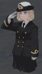 Rule 34 | 1girl, alternate costume, black jacket, black necktie, black skirt, blonde hair, blue eyes, buttons, closed mouth, commentary request, cropped legs, double-breasted, gloves, grey background, hat, highres, jacket, janus (kancolle), kantai collection, long sleeves, military, military hat, military uniform, necktie, salute, short hair, simple background, skirt, solo, sozan, uniform, white gloves, white hat