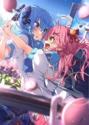 Rule 34 | 2girls, absurdres, ahoge, ama rei, bag, bell, blue eyes, blue hair, blue nails, blue sailor collar, blue sky, blurry, blush, cherry blossoms, chestnut mouth, day, depth of field, falling petals, from side, green eyes, hair bell, hair between eyes, hair ornament, hair ribbon, hairclip, hand grab, highres, holohoneygaoka koukou, hololive, hoshimachi suisei, imminent hug, long hair, looking at another, multiple girls, official alternate costume, open mouth, outdoors, petals, pink hair, pink nails, pleated skirt, puffy short sleeves, puffy sleeves, ribbon, sailor collar, sakura miko, school bag, school uniform, serafuku, short sleeves, shoulder bag, side ponytail, sideways mouth, skirt, sky, star (symbol), star in eye, symbol in eye, uniform, virtual youtuber, white serafuku, x hair ornament