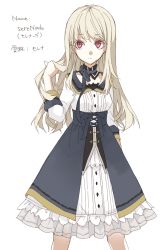 Rule 34 | 1girl, blonde hair, character name, choker, cross-laced clothes, detached collar, dress, expressionless, eyebrows, frills, hand in own hair, long hair, long sleeves, nobuyo ninomiya, original, red eyes, simple background, sleeves rolled up, solo, standing, underbust, very long hair, white background, white dress