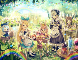 Rule 34 | 4girls, 5girls, :d, ^ ^, absurdres, alice (alice in wonderland), alice in wonderland, animal, animal ears, animal hat, ankle bow, ankle ribbon, ankle strap, apron, argyle, argyle clothes, argyle legwear, basket, bear ears, bird, black footwear, black hair, black neckwear, blonde hair, blue ribbon, blue skirt, bonnet, bow, braid, brown eyes, brown hair, cake, cat hat, chair, chick, chick on head, closed eyes, commentary request, cup, day, dress, eating, elbow gloves, fangs, flower, food, fork, frilled dress, frilled sleeves, frills, gloves, grey hair, hair flower, hair ornament, hair ribbon, hairband, hand on own face, harmonica, hat, head wreath, highres, holding, holding cup, holding tray, huge filesize, instrument, jewelry, leg ribbon, long hair, long sleeves, multiple girls, music, neck ribbon, open mouth, original, outdoors, pendant, pink eyes, pink flower, pink hair, plant, playing instrument, potted plant, pudding, rabbit, rabbit ears, rabbit on shoulder, rainbow, ribbon, sailor collar, sakura oriko, short hair, short sleeves, side braids, sitting, skirt, smile, standing, string of flags, table, teacup, teapot, tray, tree, tree stump, v-shaped eyebrows, white flower, white gloves