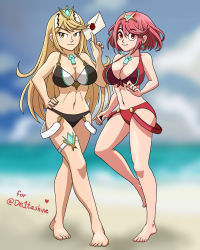 Rule 34 | 2girls, abel hagen, absurdres, barefoot, beach, bikini, blonde hair, breasts, chest jewel, cleavage, dual persona, envelope, feet, female focus, full body, gem, headpiece, highres, large breasts, long hair, looking at viewer, matching hair/eyes, multiple girls, mythra (xenoblade), navel, nintendo, pyra (xenoblade), red eyes, red hair, short hair, sky, smash invitation, standing, super smash bros., swept bangs, swimsuit, thigh strap, tiara, toes, twitter username, very long hair, xenoblade chronicles (series), xenoblade chronicles 2, yellow eyes