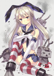 Rule 34 | &gt; &lt;, 10s, 1girl, :3, blonde hair, blush, closed eyes, elbow gloves, gloves, hairband, hanekoto, kantai collection, lifebuoy, long hair, navel, personification, rensouhou-chan, shimakaze (kancolle), skirt, socks, striped clothes, striped thighhighs, swim ring, tears, thighhighs, torn clothes, torn skirt, wavy mouth, white gloves