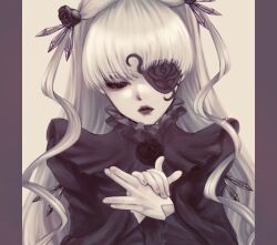 Rule 34 | 1girl, barasuishou, crystal, dog shadow puppet, dress, eyepatch, flower, flower eyepatch, greyscale, hair ornament, kiru (m putorius), lolita fashion, long hair, long sleeves, looking down, monochrome, own hands together, rose, rozen maiden, simple background, solo, two side up, upper body