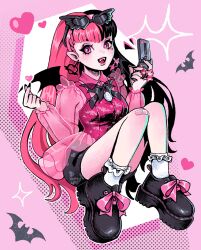Rule 34 | 1girl, black bow, black footwear, black hair, black nails, bow, cellphone, draculaura, earrings, eyewear on head, flip phone, heart, highres, holding, holding phone, jewelry, looking at viewer, meltyimp, monster high, multicolored hair, open mouth, phone, pink eyes, pink hair, pink shirt, pointy ears, see-through, see-through sleeves, shirt, shoes, sitting, socks, solo, sunglasses, teeth, two-tone hair, upper teeth only, white socks