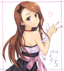 Rule 34 | 1girl, 2018, asymmetrical bangs, black bow, black dress, bow, brown eyes, brown hair, choker, closed mouth, dress, earrings, from behind, hair bow, highres, holding, holding stuffed toy, idolmaster, idolmaster (classic), jewelry, long hair, minase iori, nail polish, red nails, shoulder blades, shuucream (syuichi), sleeveless, sleeveless dress, smile, solo, standing, strapless, strapless dress, stuffed animal, stuffed toy, very long hair, white background