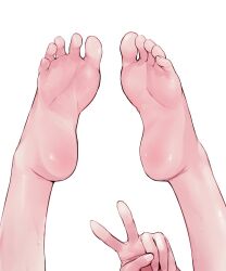 Rule 34 | 1girl, barefoot, close-up, commentary, commission, english commentary, feet, foot focus, gegeartnotvt, highres, indie virtual youtuber, second-party source, simple background, soles, solo, sweat, toes, v, virtual youtuber, white background, ywuria (vtuber)