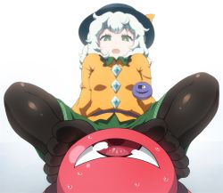 Rule 34 | 1girl, black pantyhose, blue hat, commentary request, dot nose, feet, foreshortening, gem, green eyes, hat, hat ribbon, komeiji koishi, long sleeves, looking down, no shoes, open mouth, orange ribbon, orange shirt, pantyhose, perspective, ribbon, shirosato, shirt, simple background, sitting, solo, sweat, sweatdrop, third eye, toes, touhou, white background, white hair