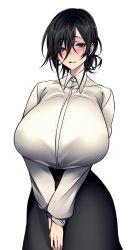 Rule 34 | 1girl, black bra, black hair, black jacket, blush, bra, bra visible through clothes, breasts, eyelashes, grin, hair between eyes, half-closed eyes, high-waist skirt, highres, huge breasts, hz (666v), jacket, large breasts, looking at viewer, miniskirt, mole, mole under eye, office lady, original, own hands together, pencil skirt, shirt, simple background, skirt, smile, solo, standing, teeth, underwear, white background